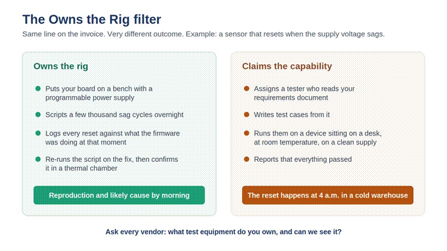 Title: Two columns comparing a vendor that owns its test rig with a vendor that only claims the capability - Description: Two columns comparing a vendor that owns its test rig with a vendor that only claims the capability